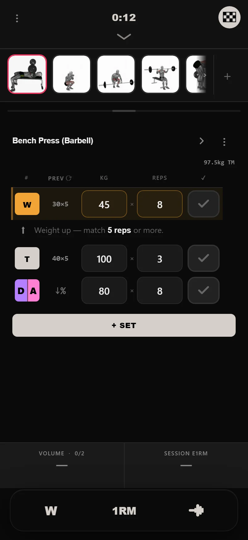 DropSet live workout screen showing the exercise carousel at the top and set rows with colour-coded set-type badges