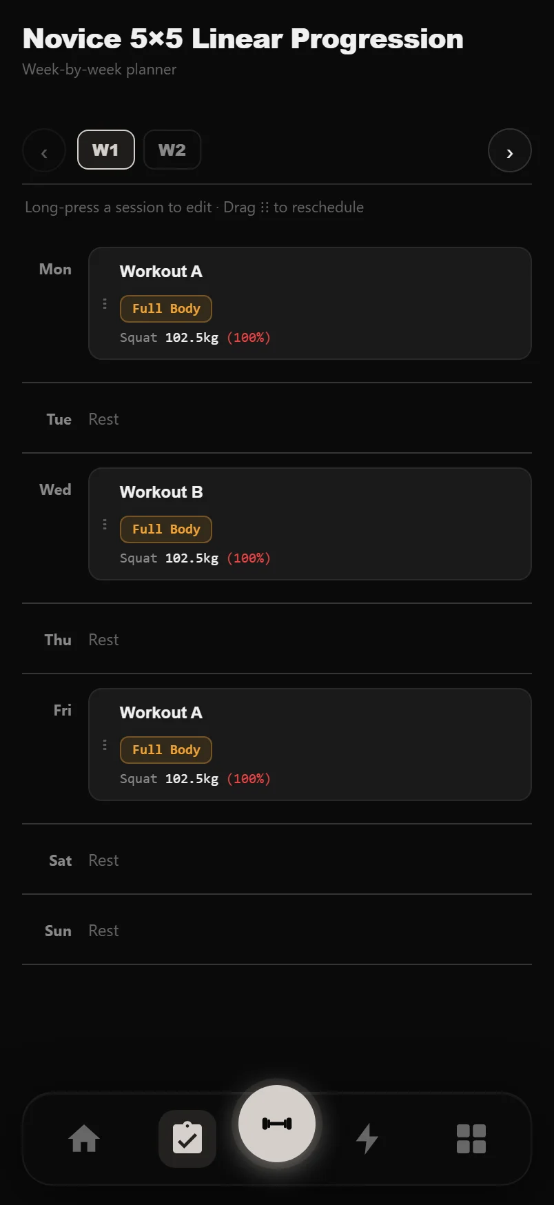 DropSet week planner showing a program's sessions laid out by weekday, ready to drag between days