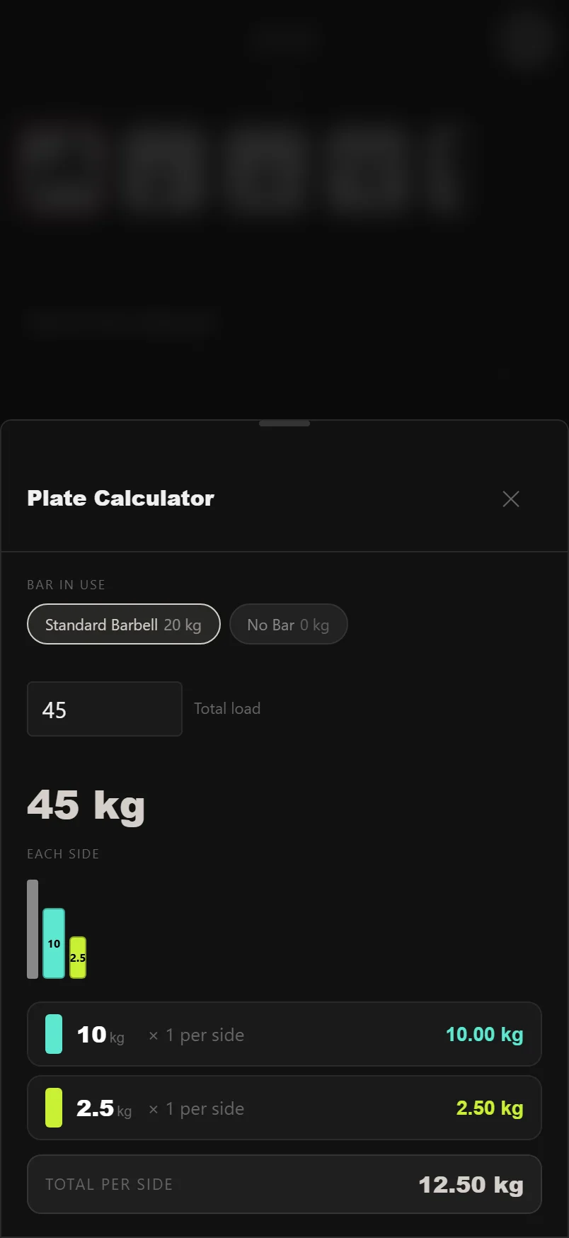 DropSet plate calculator showing a per-side plate breakdown drawn as colour-coded plates on a bar