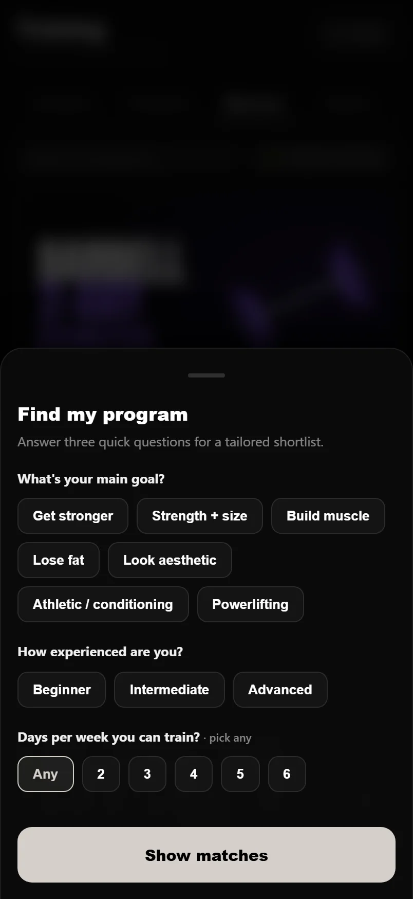 The Program Finder sheet with three questions and a ranked shortlist showing a Top pick badge