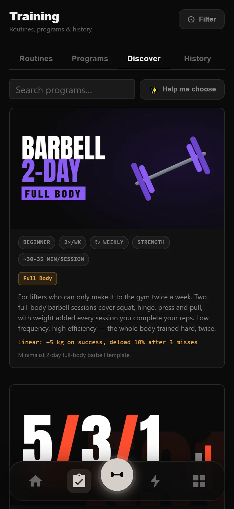 The Discover tab showing the program catalog with cover art, search bar and filter controls