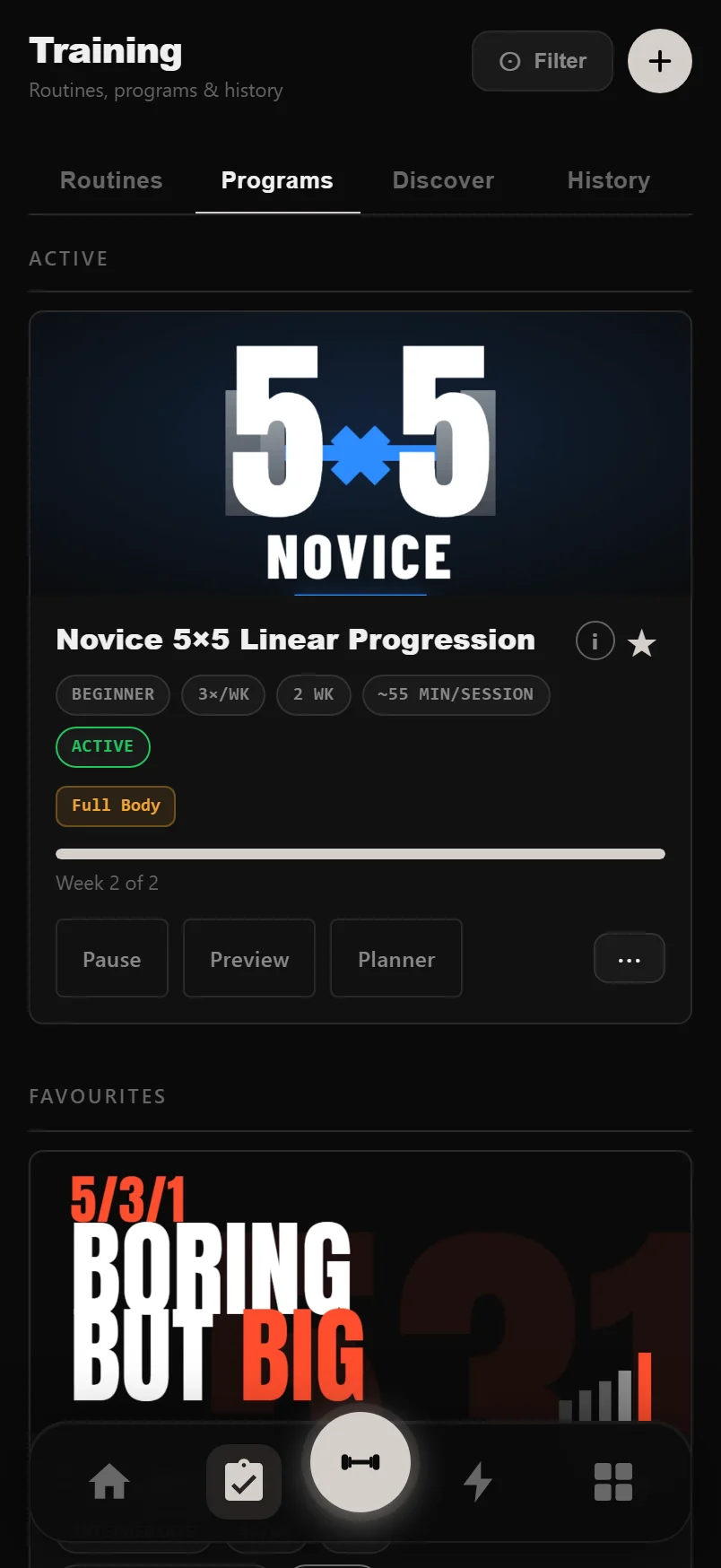The Training hub's Programs tab showing an active program card with Start, Planner and favourite controls