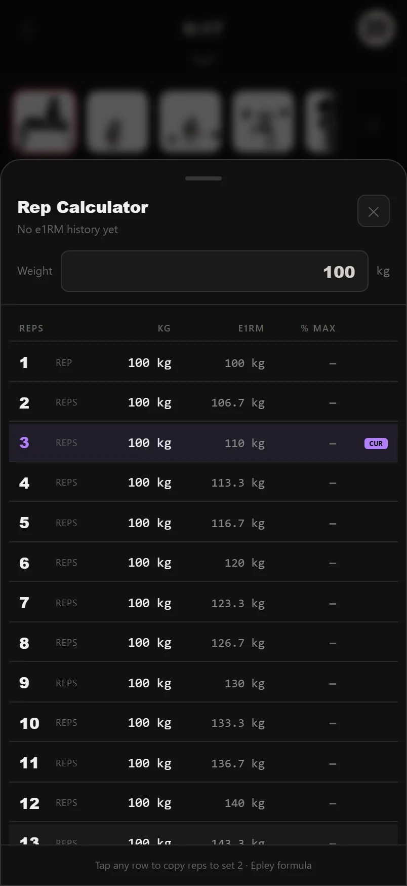DropSet rep max calculator estimating a one-rep max from a weight and rep count, with a percentage table