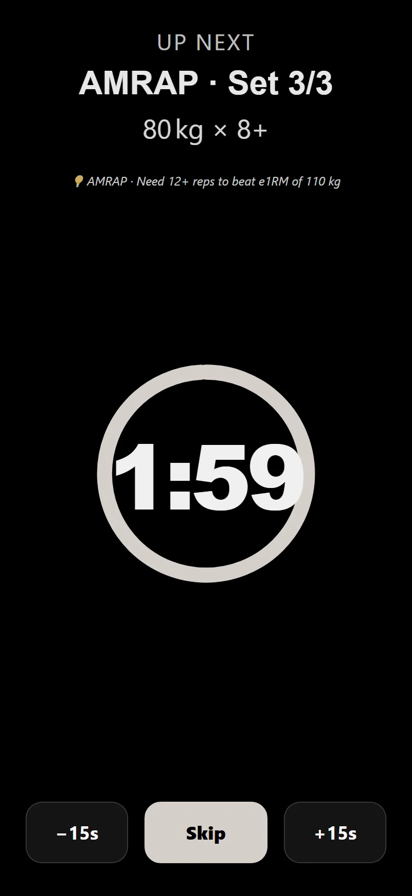 DropSet full-screen rest timer showing the countdown, plus and minus 15 second buttons and a preview of the next set