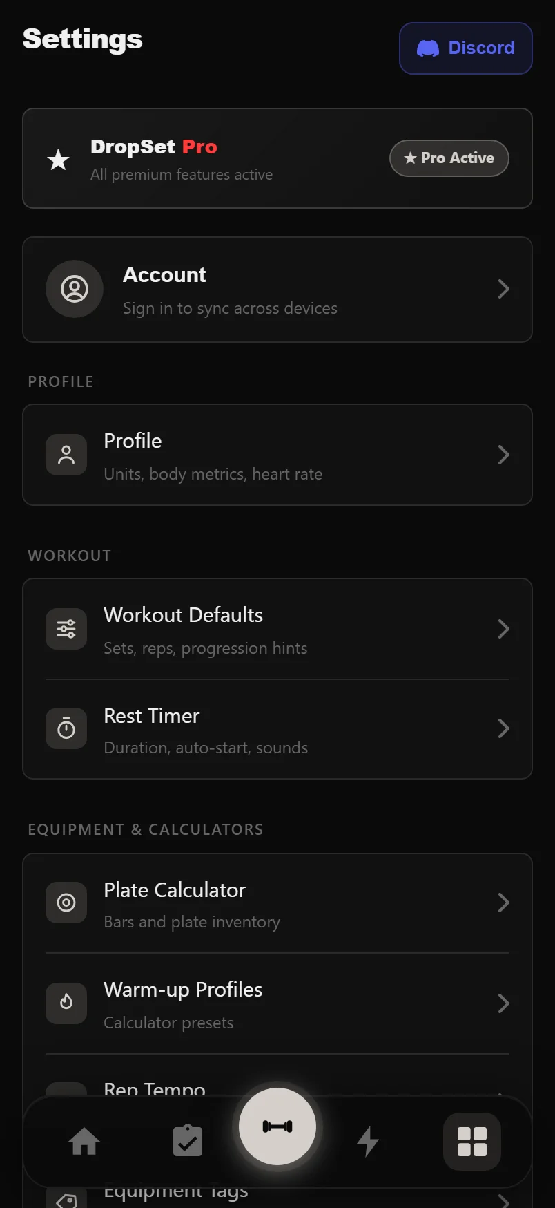 DropSet Settings panel showing the account card and grouped menu screens for Profile, Workout and Equipment