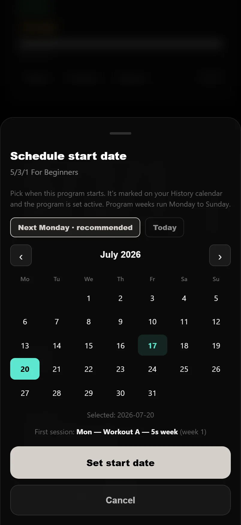 The Schedule start date sheet in DropSet, with Next Monday recommended and a calendar