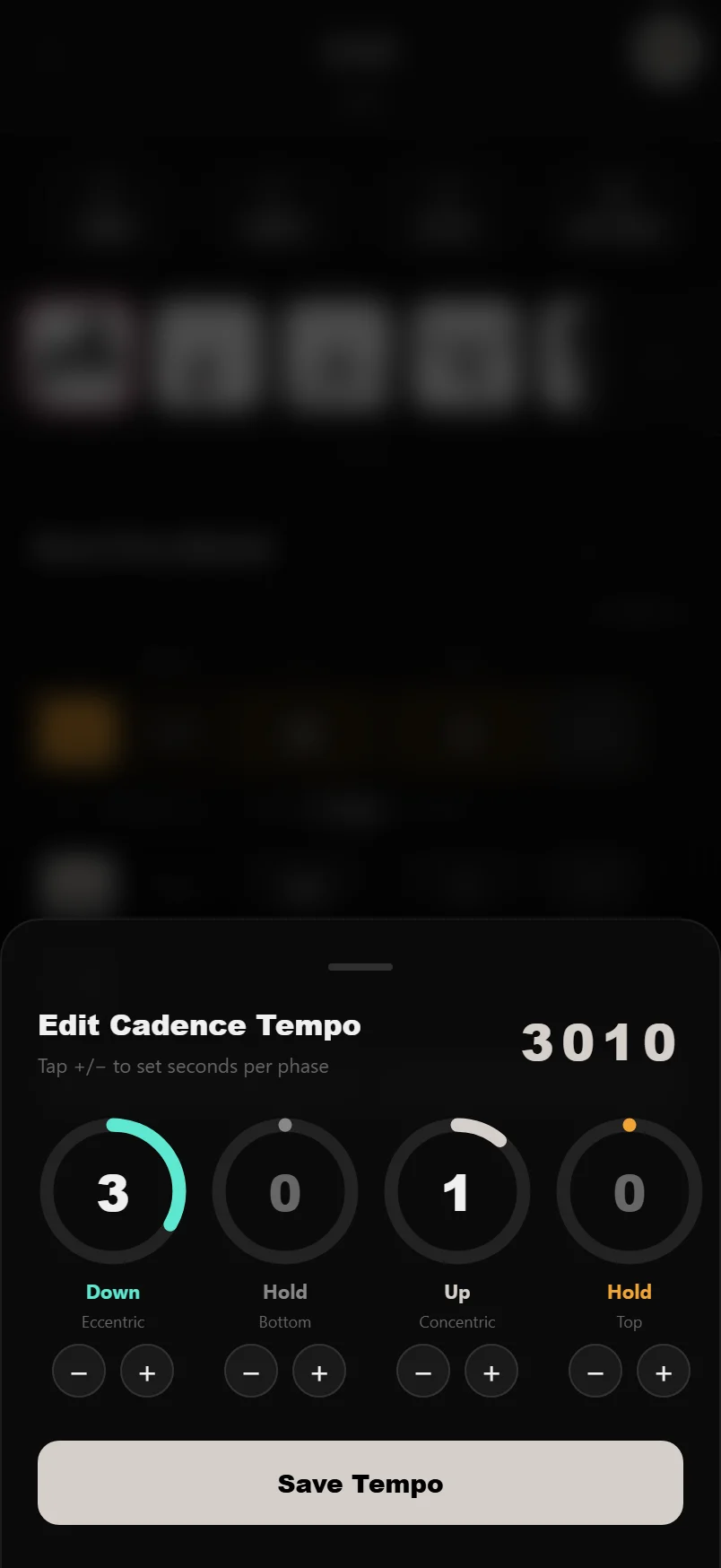 The tempo editor with four dials for eccentric, bottom hold, concentric and top hold phases