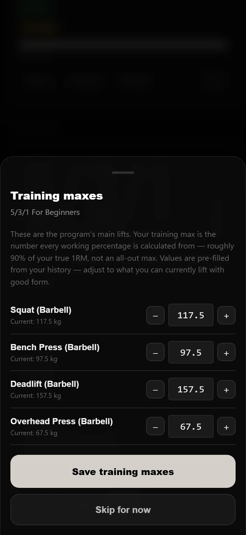 The Training maxes sheet in DropSet: a row per main lift with a suggested training max