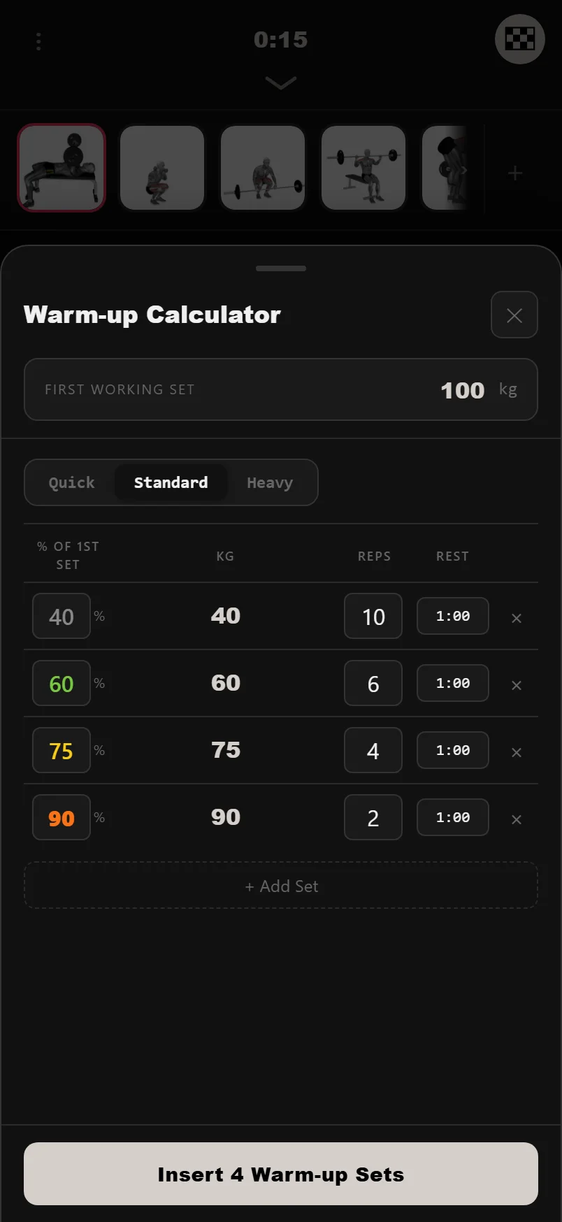 DropSet warm-up calculator showing a ramp of warm-up sets as percentages of the first working set
