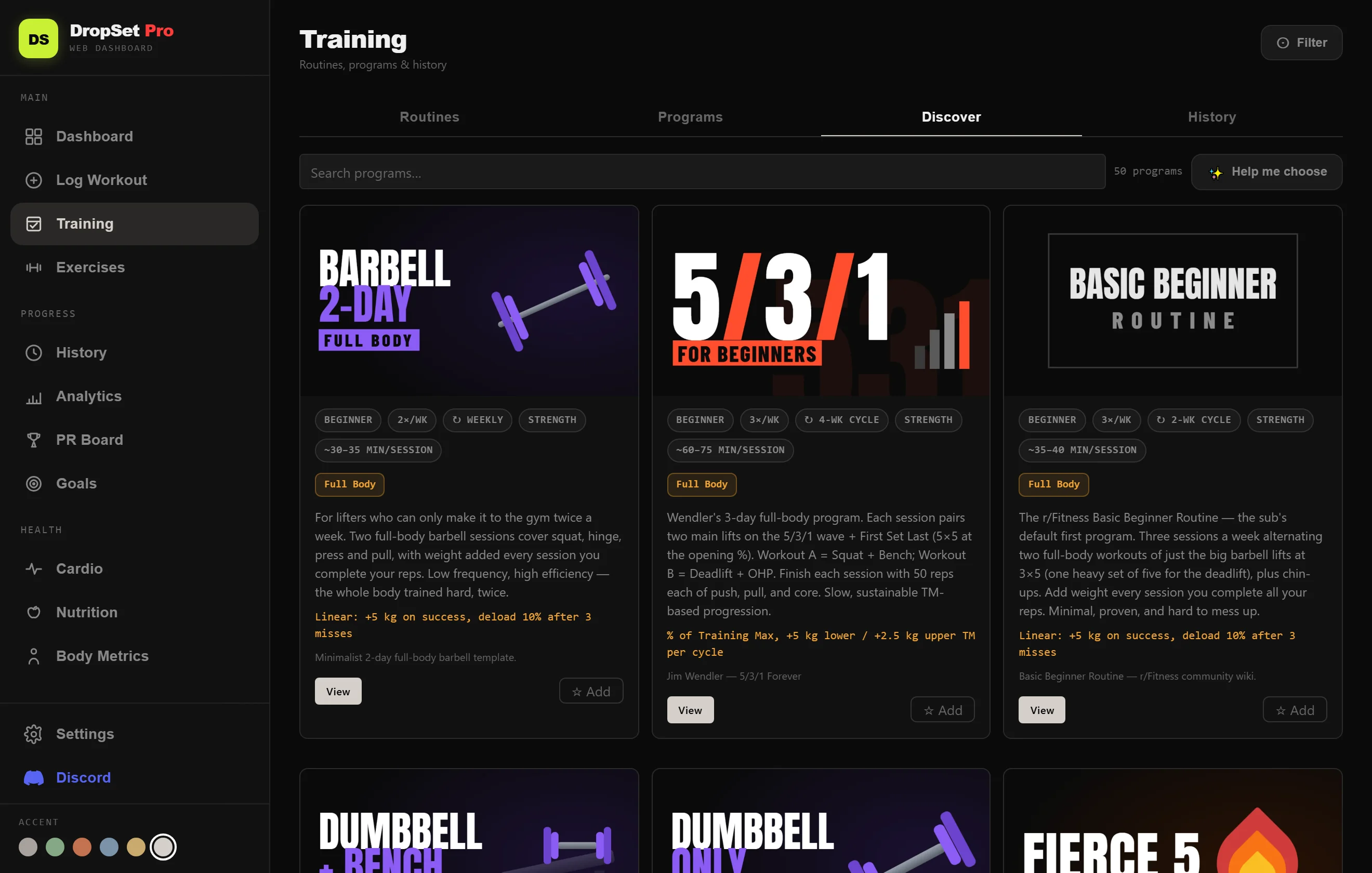 The program catalog's Discover tab on the web dashboard, with cover art in a wide grid